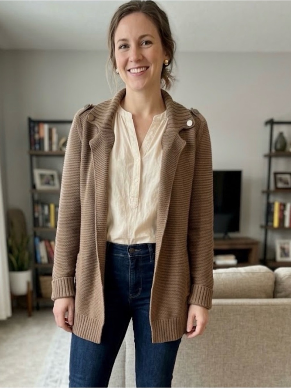 Calvin Klein Tan Open-Front Knit Cardigan with Shoulder Buttons
